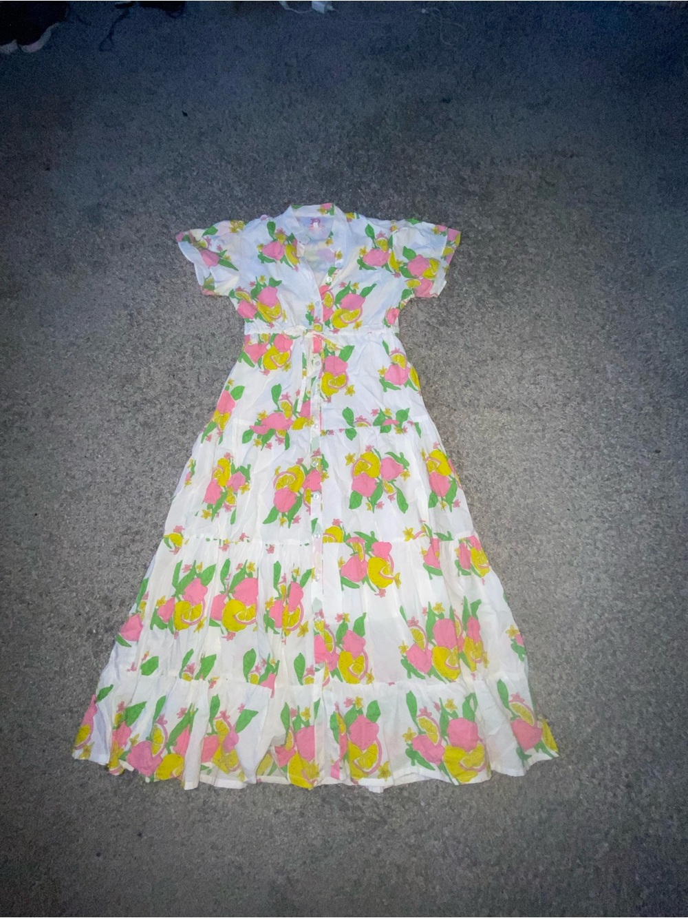 Victoria Dunn White Floral Button-Up Shirt with Pink and Yellow Print